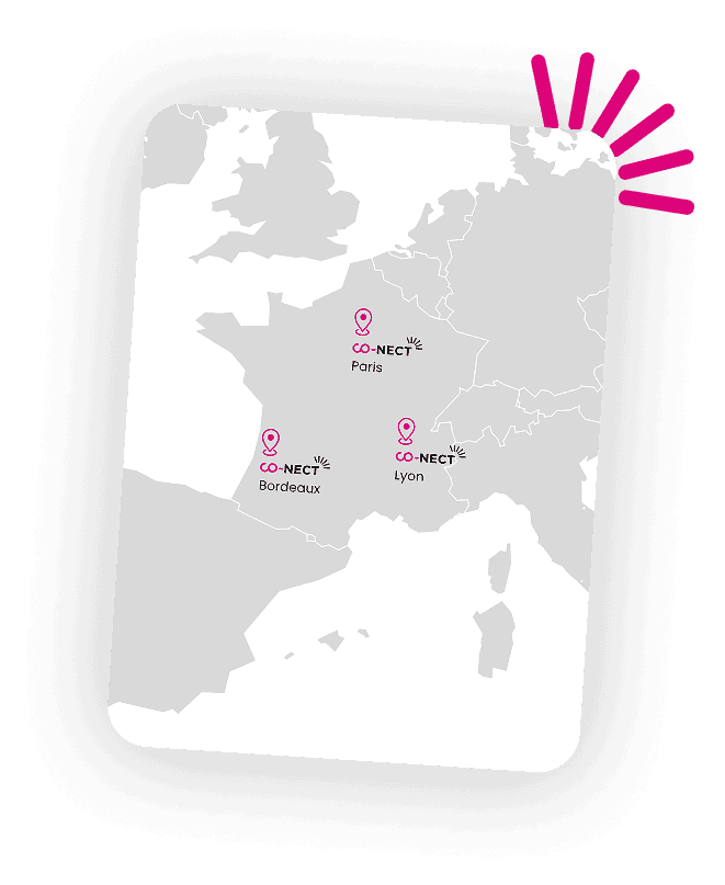 Map showing Co-Nect offices in Paris, Lyon, and Bordeaux, France.