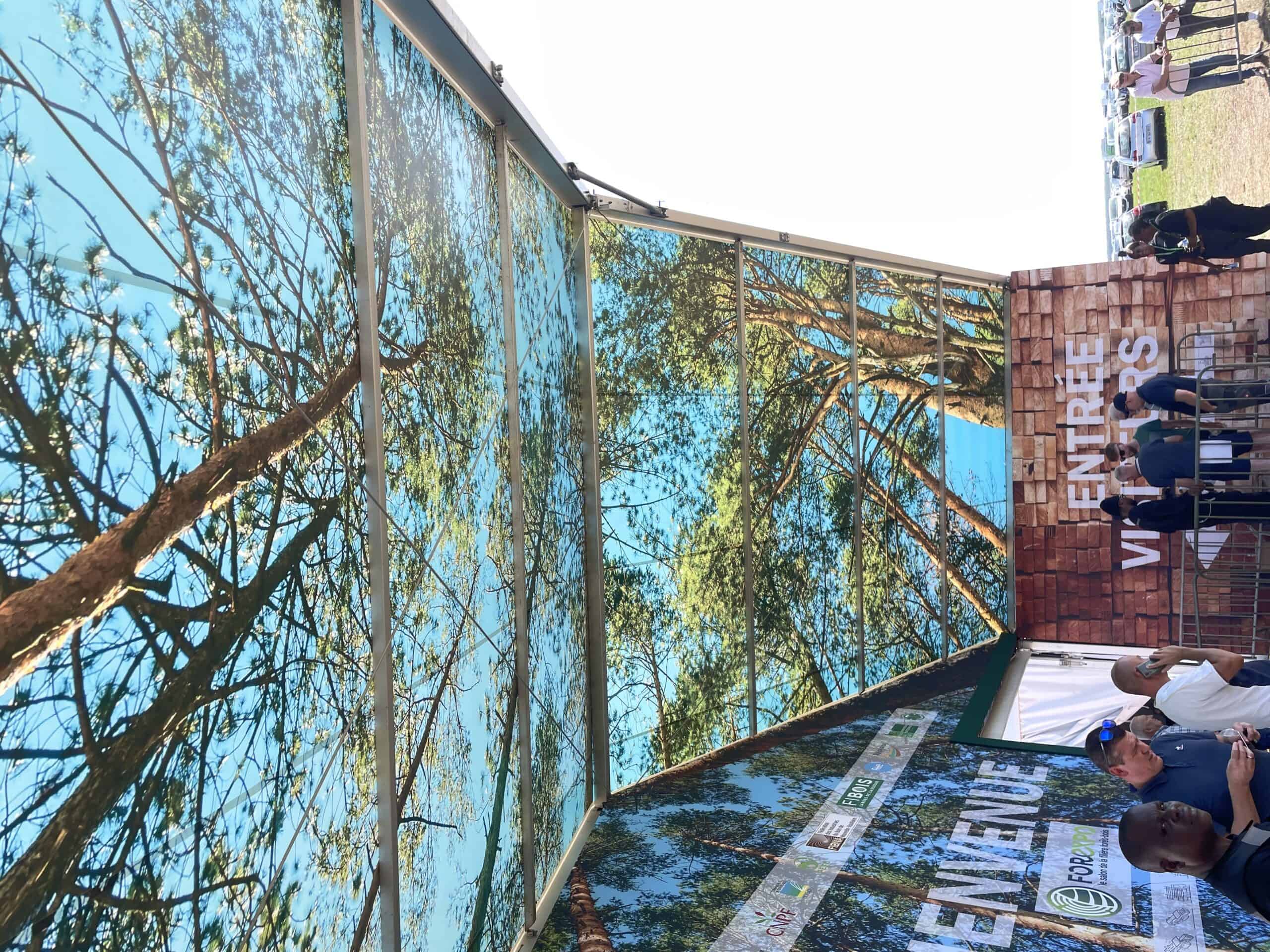 Glass roof reflecting trees at FOREXPO event.