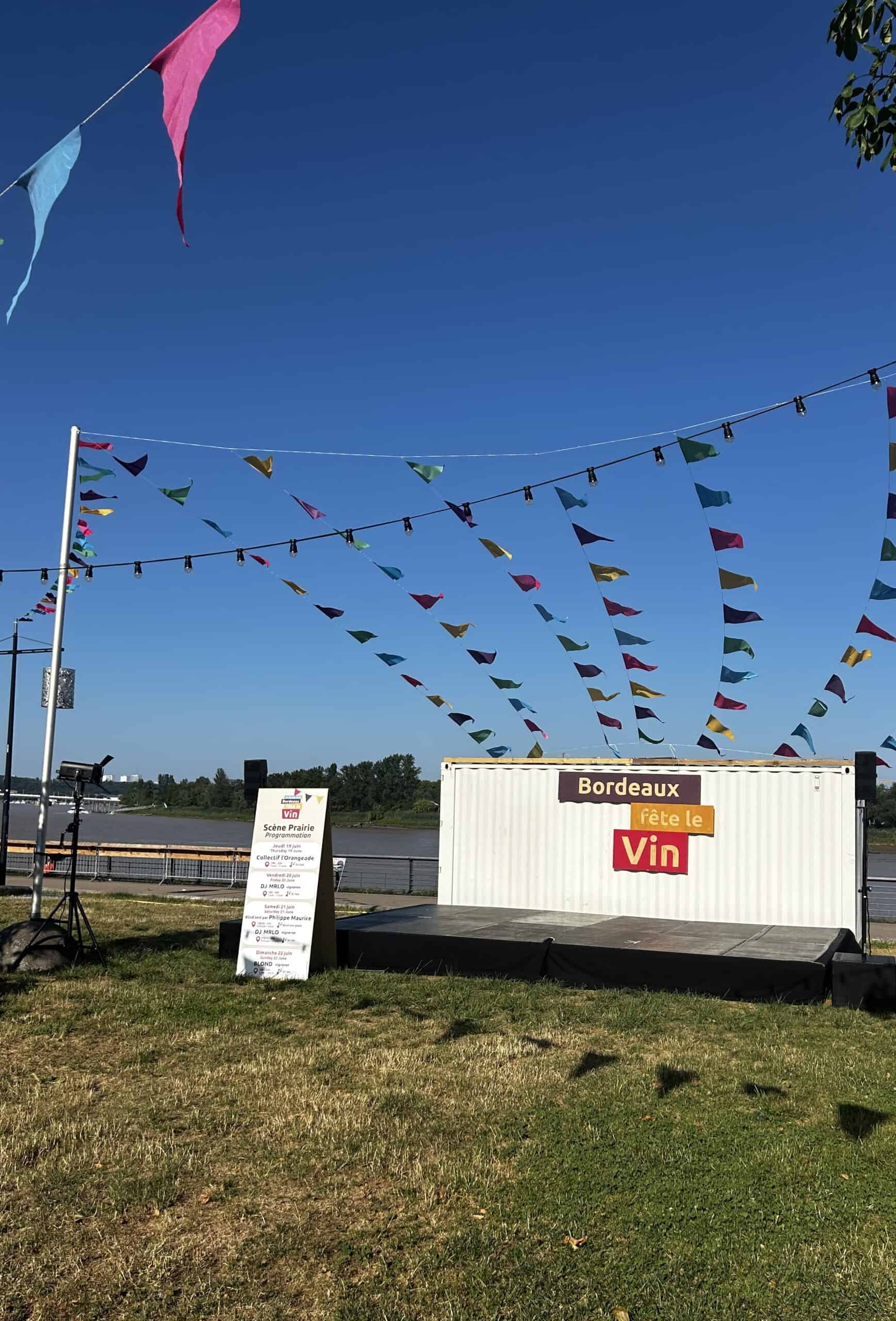 Colorful flags and banners at Bordeaux Wine Festival outdoor event.